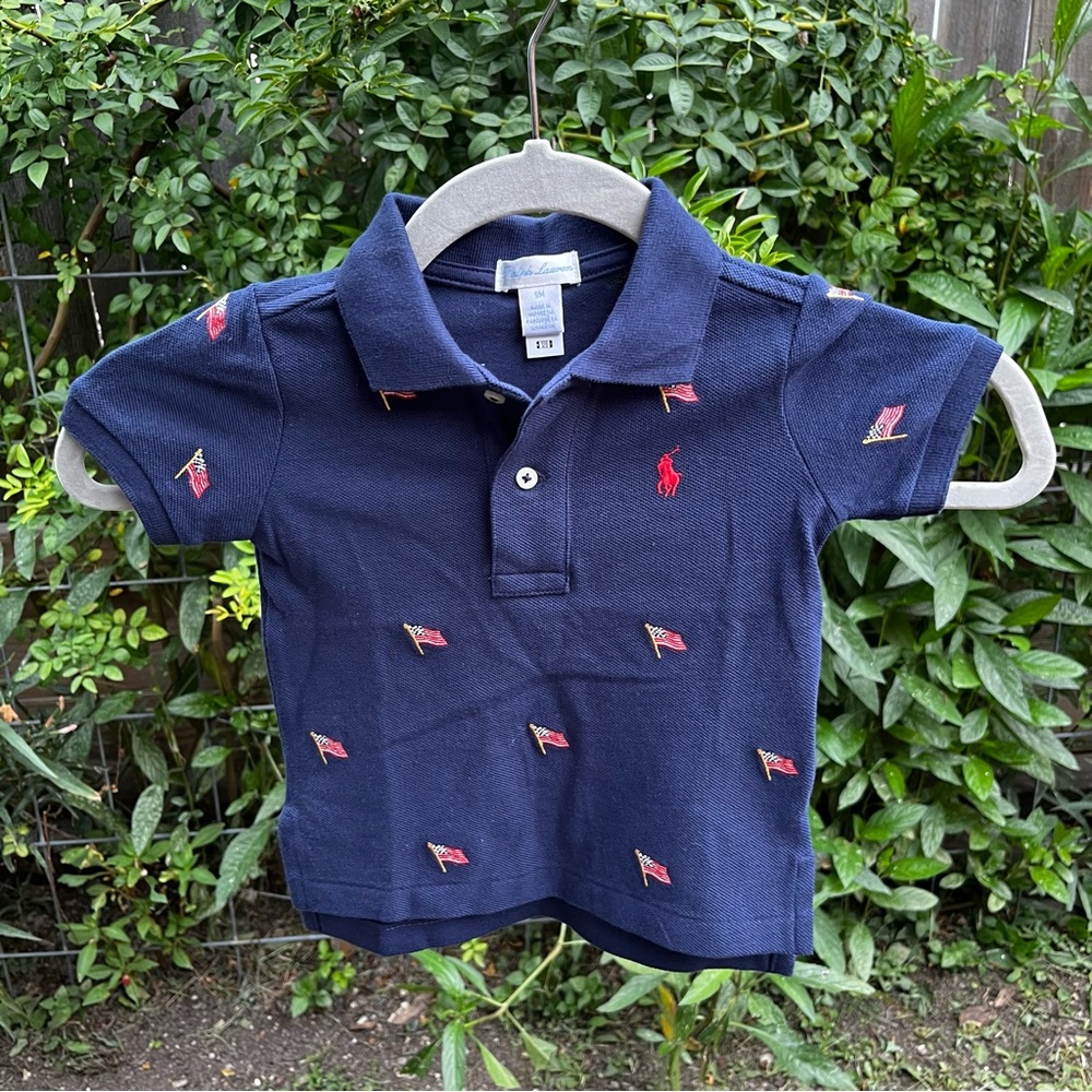 Ralph Lauren Shirt Boys 9 Months‎ Navy Blue Embroidered USA Flag Allover Print